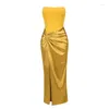 Casual Dresses 2023 Elegant Sexy Strapless Yellow Color Package Hips Long Dress Celebrity Banquet Party Outfit Business Activity Vestido