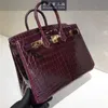 Birkinbag handgjorda fulla väskor äkta krokodil läderväska 30 cm vin röd kvinnor handväska stor kapacitet ayw