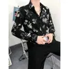 Men's Casual Shirts 2023 Men's Ice Silk Fabric Printing Long Sleeve Fashion Brand Korean Handsome Pink/black Color Lapel Collar M-3XL