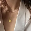 ALLME – collier français Double couche de perles d'eau douce naturelles pour femmes, ras du cou, couleur or, pendentif en pièce de monnaie, bijoux