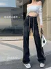 Damenjeans Schwarze Highwaist-Jeans mit weitem Bein für Damen im Herbst- und Winterstil, lockere, gerade Röhre, einzigartige, schicke Hose 230324
