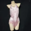 Scenkläder mångfärgad lysande strass Tassel halter rygglösa bodysuits kvinnor leotard pol latin jazz prom tyg nattklubb bar dräkt