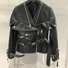 Damesjacks 2023 Runway -ontwerper Sheepskin Jacket Women Fashion Chic Zip Belt Vneck Echt lederen Outdarse Black Motorcycle Biker 230324