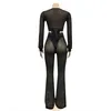 Ensembles de deux pièces pour femmes Strass Sheer Survêtements Bell Bottoms Costumes Sexy 2 Piece Crop Top Blouse Club Party Outfits