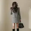 Work Dresses Autumn Winter High Quality Houndstooth Tweed 2 Piece Set Long Sleeve Jacket Coat A-line Wool Skirt Plaid Clothes Suit