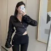 Women's Blouses V-neck Sexy Blouse For Woman 2023 Autumn Slim Elegant Long Sleeve Casual Shirts And Ladies Chic Asymmetrical Crop Tops