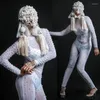 Stage Wear Sexy White See-Through Pearl Jumpsuit Multiple Eyes Mask Halloween Rave Vêtements de fête Discothèque Gogo Dancer Outfit VDB5569