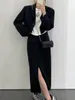 Zweiteiliger Kleid Herbst Frauen Vintage Blazer -Röcke Anzug Anzug Casual Cropped Jackets High Taille Bodycon Saya 2 Stück Set Female Mode Kleidung 230324