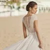 Col en V Boho plage une ligne robes de mariée manches courtes charmante en mousseline de soie dentelle robes de mariée de maternité boutons dos balayage train robe de soirée de réception pour la mariée CL2080