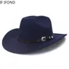 Chapéus de aba larga caçadores de caçambas vintage homens de cowboy ocidental com cinto inverno outono rollo up cowgirl jazz igreja Cap Sombrero Hombre 230325