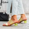 Sandaler Summer Clear PVC Square Toe Ladies Shoes Transparent Crystal Round Ball Heel Slippers Women Leopard Grain Jelly Sandaler 230316