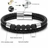 Strand Fashion Male Jewelry Braided Leather Bracelet 6MM Lava Beads Black Stainless Steel Magnetic Clasps Men Wrist Gifts