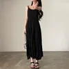 Casual Dresses Korean Vintage Womens Dress Summer Chic Black White Sweet Paged Spaghetti Simple Elegant Sleeveless Beach P294