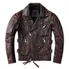 Leerleer Faux Vintage Bruine Motorfietsjack Men Natuurlijke echte Cowhide Jackets Herfst Slim Fit Biker's Ooblique Zipper Coat 230324