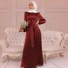 Etniska kläder muslimska satinklänning kvinnor abaya dubai kalkon arabiska islamiska kaftan hijab saudiska bälte solid midja frenulum