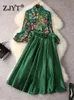 فستان من قطعتين Zjyt مصمم أزياء فانوس فانوس طباعة بلوزة شيفون وتنورة الخصر العالية مجموعة النساء الأخضر ملابس 2PIES