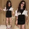 Girls-jurken voor meisjes Fashion off-shoulder Party Cap Sleeve Tule Children Black Nieuwe Summer Elegant Kids Clothing Y2303