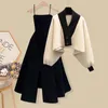 두 조각 드레스 큰 봄과 가을 정장 슬림 허리 검은 2 피스 세트와 여성의 한국 패션 니트 스웨터 230325