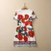 2023 Summer White Red Floral Print Beaded Cotton Dress Short Sleeve Round Neck Sequins Short Casual Dresses S3M250323