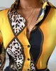 女性のブラウスチータープリントカラーブロックボタンedヨーロッパアメリカファッションデイリーワークオフィスレディカジュアルセクシーなシャツ