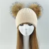 Beanies Beanie/Totenkopfkappen Doppelfell-Pom-Damen-Wintermütze, weibliche Wolle, abnehmbarer Ball, gestrickte Beanie-Mütze mit 2 natürlichen Waschbär-Pompons1