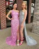 Sequin Prom Elbise 2K23 Tek Omuzlu Uyum ve Flare Lady Girl Pageant Elbise Resmi Parti Düğün Konuk Kırmızı Capet Pist Siyah Tie Gala Hoco kayışları Slit Leylak Pembe Gümüş