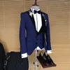 Мужские костюмы синяя свадьба для мужчин Slim Fit Tuxedo 3 штуки мужской модная куртка с черными брюками с двойной грудью стиль жилета