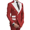 Men's Suits 2023 Latest Chinese Red Double Breasted White Lapel Fashion Custom Made Men's Suit Slim Fit Groom Tuxedos For Man 3 Pieces