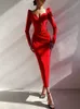 Casual Dresses Insta Elegant Party Women Slim V Neck Long Sleeve Mid Calf Pencil Office Lady Solid Red Puff 230325