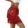 Skirt Sequined Fringe Glitters Elastic Waist Miniskirt Mini for Dance Rave Party Black Silver Gold Red 230325