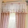 Curtain American Style Luxury Pink Cotton And Linen Curtains Korean Flower Embroidered Bead Lace Skirt For Girls Bedroom Wedding Room