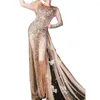 Vêtements de scène brillant or strass robe florale femmes maille longue queue discothèque Costume fête d'anniversaire célébrité tenue fée