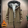 Erkek Ceketler Kış Sıcak Kalın Polar Parkas Su Geçirmez Kapşonlu Kürk Yakalama Ceket Ceket Sonbahar Moda Günlük Uzun 230325