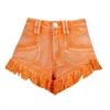 Shorts voor dames oranje kwastje patchwork mid taille zakken denim shorts sexy gotische high street dames korte jeans harajuku wilde zomer kleding 230325