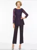 Dark Purple Lace Mother Of The Bride Pant Suits Long Sleeves Bateau Neck Wedding Guest Dress Chiffon Plus Size Mothers Groom Dresses