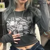 女性のTシャツ女性レトロアイズプリントトップスフェアリーグランジグラフィックスプリングTシャツヴィンテージインディー美学服サイバーY2Kスリム長袖トップ230325