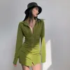Casual Kleider Sexy Mini Slim Kleid Frauen Grün Club Party Drehen Unten Kragen Taste Langarm Weibliche Elegante Streetwear Hemd robe