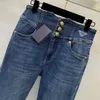 Women's Jeans designer 2023 New Reversed Triangle Label Red Rod Stripe Three Button High Waist Slim Elastic Leggings XA37