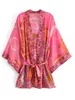 Damen Bademode Boho Vintage Stern und Mond Blumendruck Schärpen Frauen Bohemian V-Ausschnitt Fledermausärmel Happie Kurze Robe Kimono Kleid Cover-ups 220325