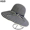 Stingy Brim Hats Foldable Outdoor Women Summer Sun Stripe Large Fisherman UV Protection Beach Female Fashion Bowknot Bucket Hat Caps 230325