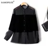 Women's Blouses Shirts European Fashion Woman Slim Single breasted Gold Velvet Stitching Chiffon Long sleeved Hepburn Style Top 230324