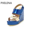 Sandals PXELENA Platform Wedge High Heels Women Rivet Open Toe Contrast Color Office Career Party Lady Shoes Big Size 2023