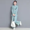 Active Sets Cotton Linen Women Yoga Tai Chi Martial Arts Set Chinese Traditional Printed Shirt Pant Casual Meditation Gym Workout Tang Suit