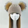 Beanies Beanie/Skull Caps dubbele bont pom vrouwen winter hoed vrouwelijke wol verwijderbare bal gebreide beanie pet met 2 natuurlijke kleuren wasbeer pompon1