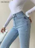 Jeans pour femmes Okuohao Skinny Bell Bottom Jeans taille haute extensible droite coupe ajustée pantalon en denim évasé mode décontracté lavage noir Y2k pantalon 230325