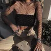 Women's T-Shirt Solid Color Shimmer Mesh Hollow T-Shirts Long Sleeve Round Neck See Through Holes Rhinestones Sexy Slim Wild Fashion Crop Tops 230325