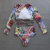 Women's Swimwear Women Printed 2Pcs Swimsuit Long Sleeve Backless Crop Tops With Removable Breast Pad And High Waist Triangle Bottoms Bikini