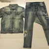 Retro Blue Tracksuit Spring Autumn Embroidered Crane Men's 2pcs Pant Sets Fashion Slim Fit Denim Jacket and Stretch Jeans