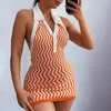 Casual klänningar blå stickad bodycon klänning kvinnor sommar 2023 halter rygglös mini vintage randig sexig kort strandklubb slitage