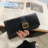 wholesale ladies shoulder bags 2 colors multifunctional folding student purse simple and versatile solid color leather long purse sewing plaid fashion clutch bag